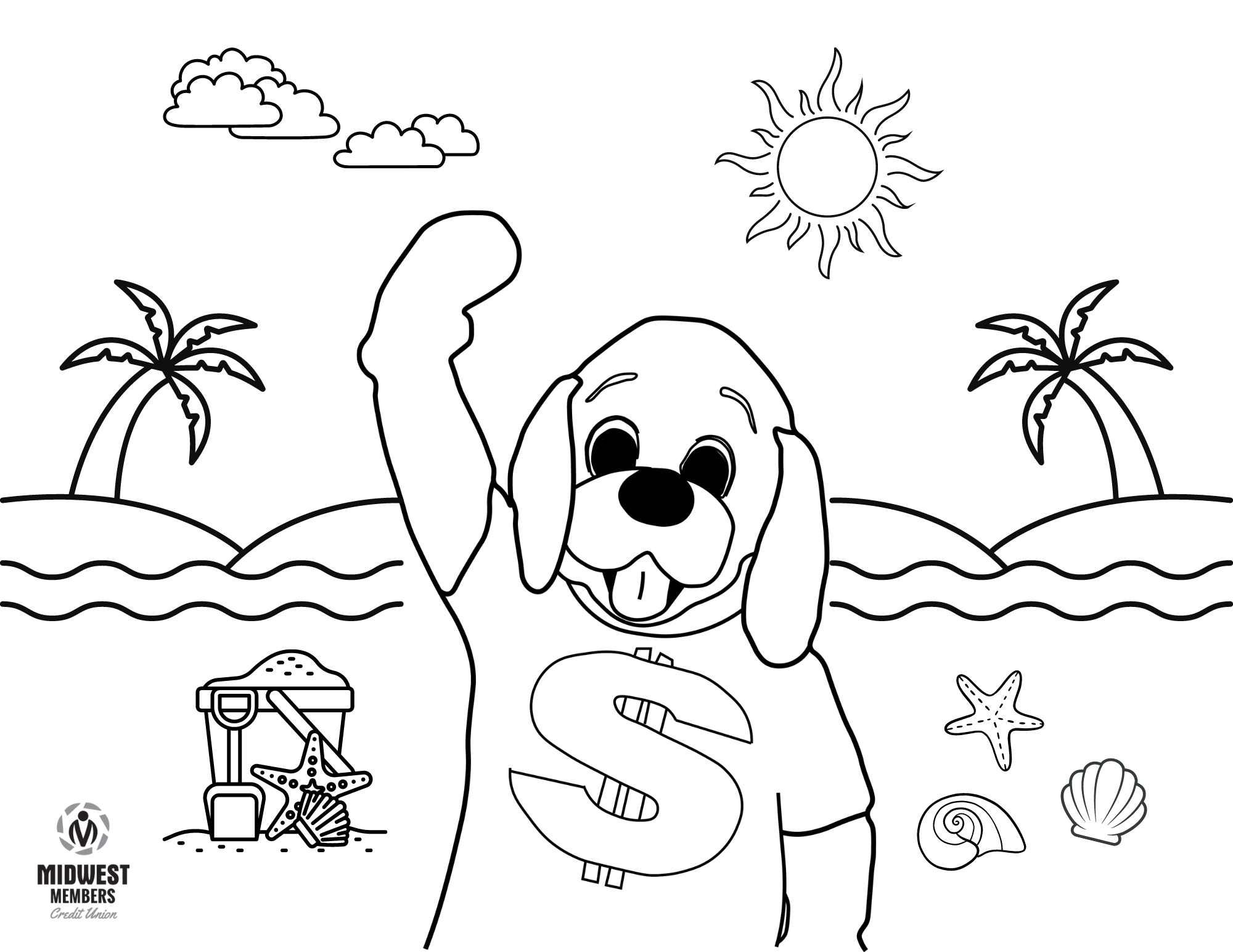 Money Dog on the beach coloring page