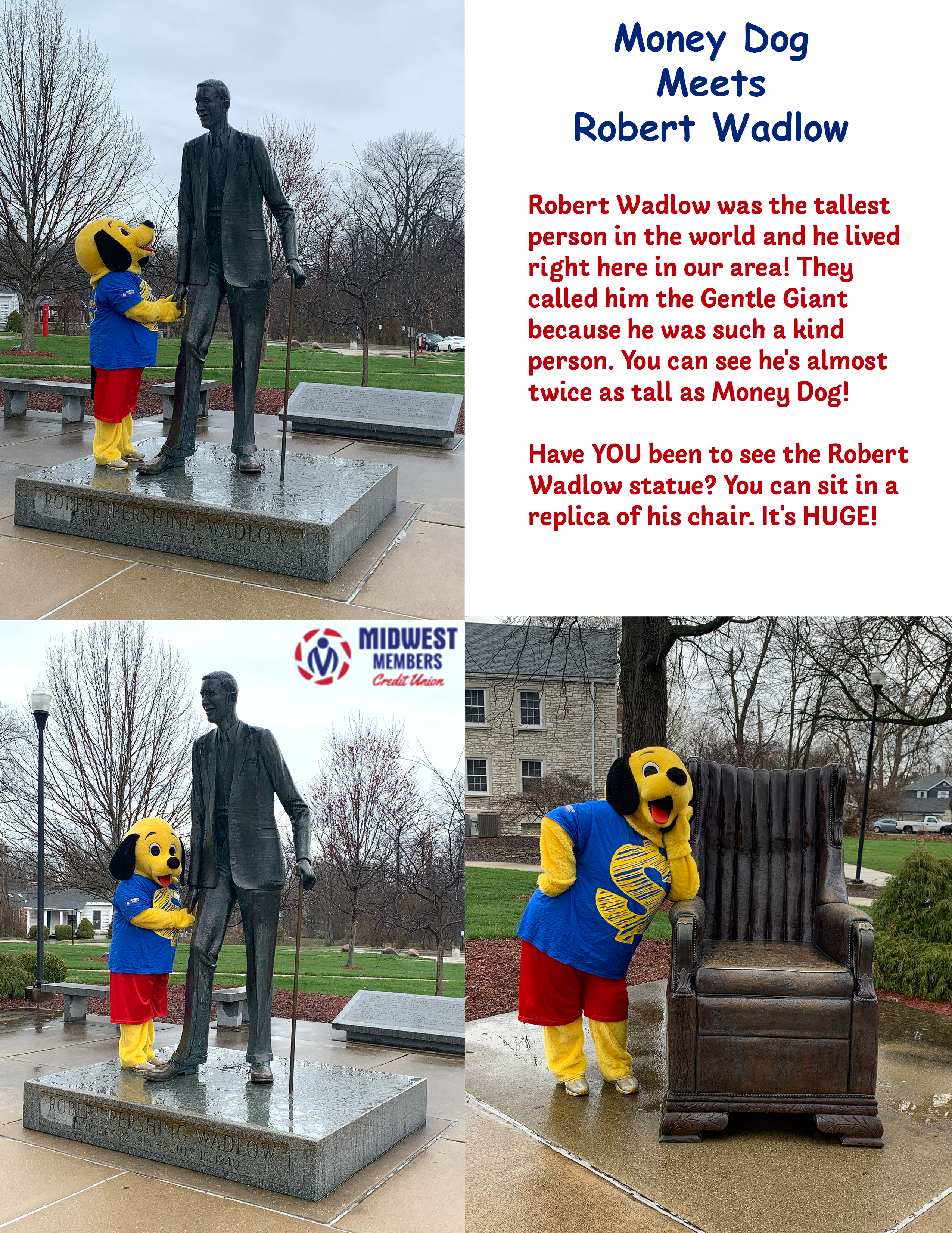 Money Dog Meets Robert Wadlow Robert Wadlow was the tallest person in the world and he lived right here in our area! They called him the gentle giant because he was such a kind person. You can see he's almost twice as tall as money dog! Have you been to see the robert wadlow statue? You can sit in a replica of his chair. It's huge!